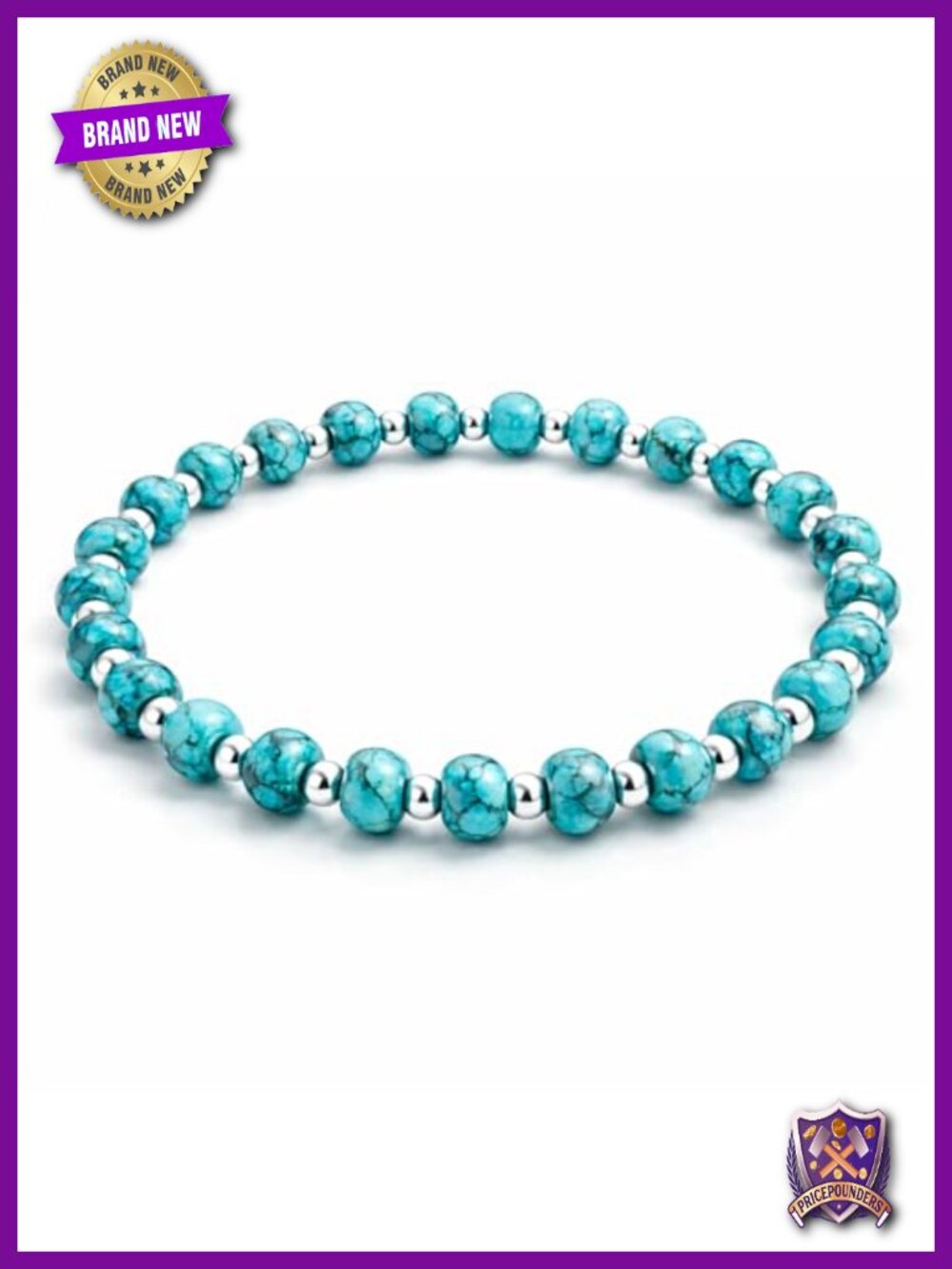 Genuine Turquoise Sterling Silver Beaded Stretch Bracelet